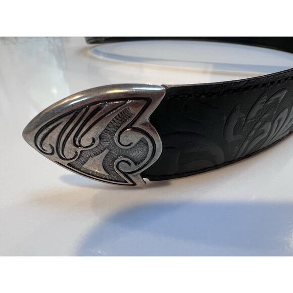 Vintage Omega Western Leather Belt Black Embossed Silver Buckle USA Large main image 8